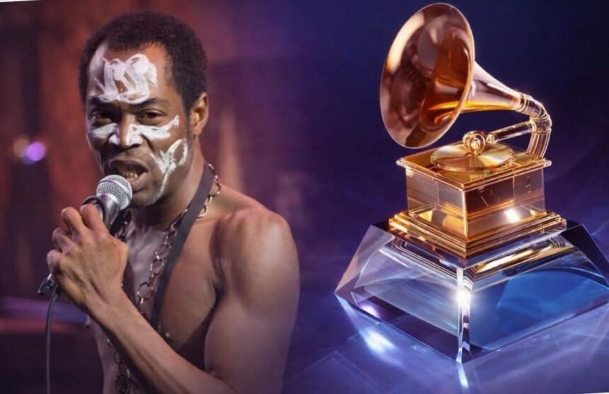 Fela Kuti receiving posthumous recognition with the Fela Kuti lifetime achievement Grammy for his contribution to Afrobeat.